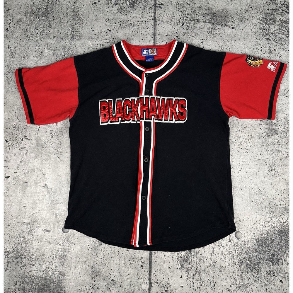 Rare Vintage NHL‎ Chicago Blackhawks Script  Baseball Starter Jersey Mens XL